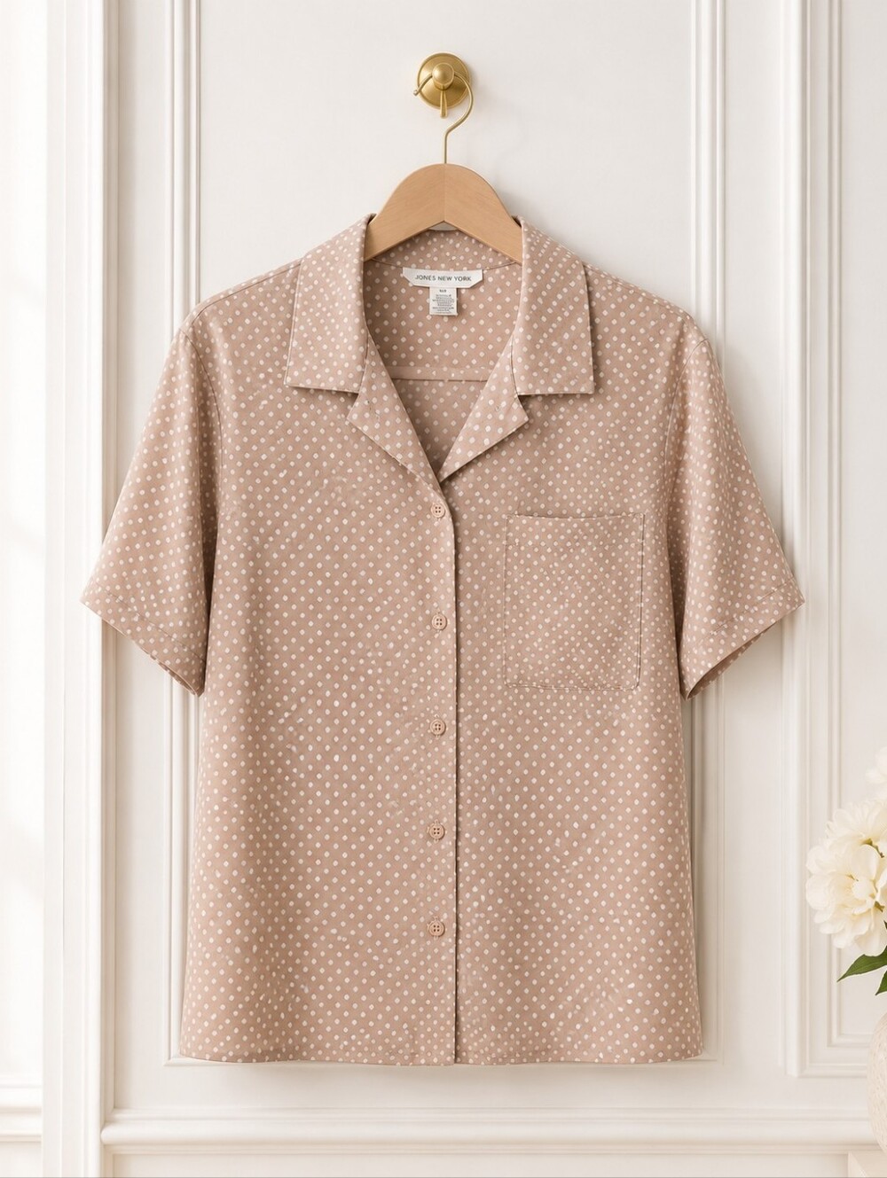 Jones New York Polka Dot Button Front Blouse Tan White Short Sleeve Size 12 - Picture 6 of 11